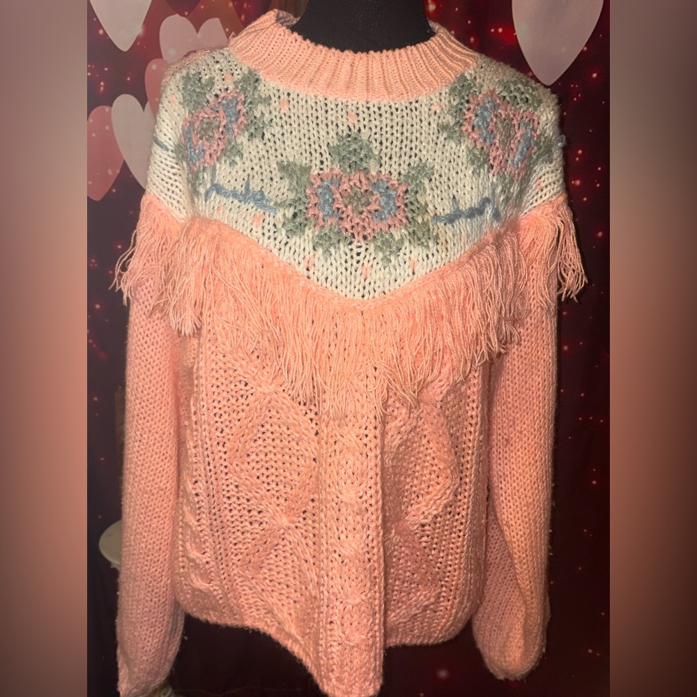 Vintage 80’s Western Fringe Chunky Knit Sweater Peach Floral Medium Hand Knit